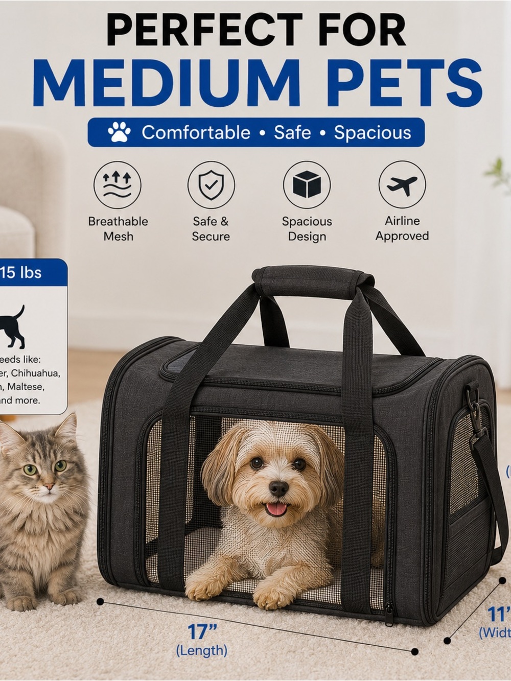 Airline-Approved Black Pet Carrier for Medium Pets